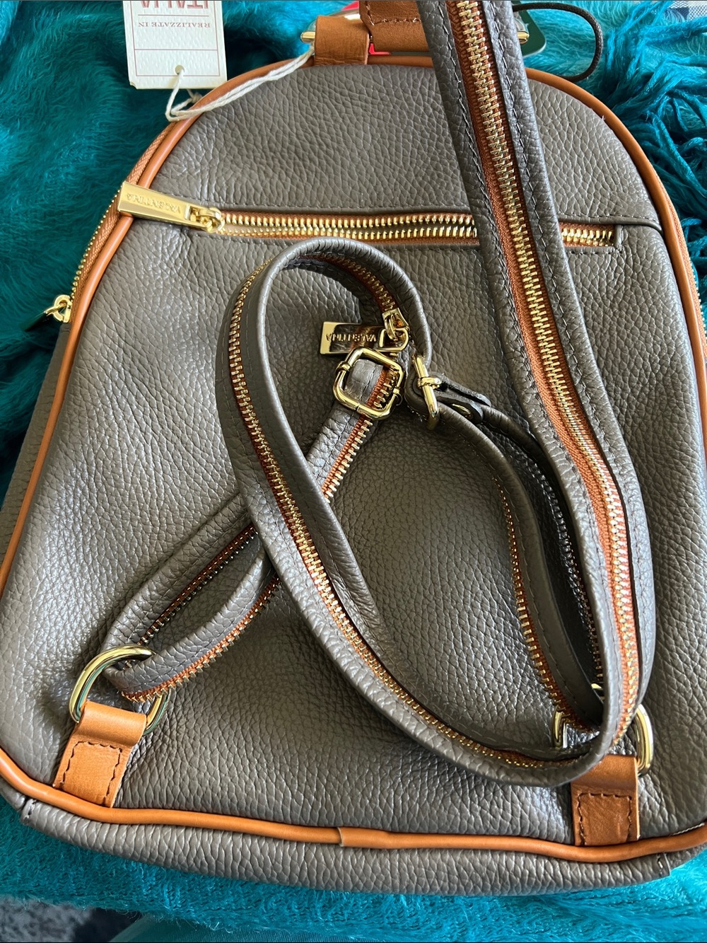 Valentina Taupe Leather Women’s Backpack with Tan Trim NWT - Picture 3 of 11